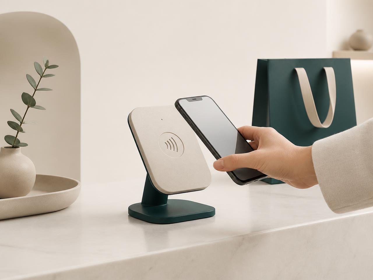 A customer tapping their phone on the Tap&Ticket stand at a shop counter